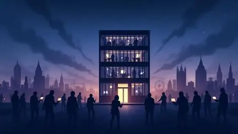 Uk office building cyber threats dark shadowy figures london skyline