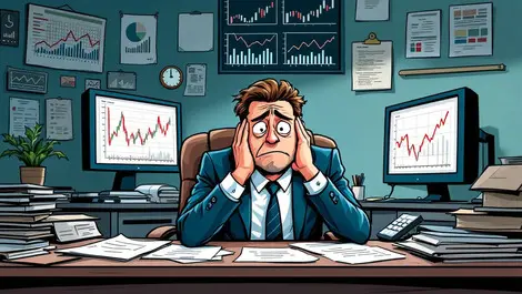 Stressed financial executive cluttered desk computer charts uk irish office