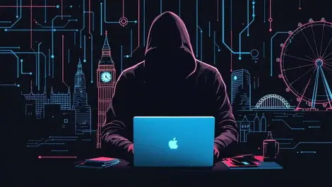 Shadowy figure computer dark room digital binary uk infrastructure cyber threats
