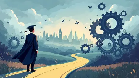 Uk graduate crossroads clear path office blocked by gears skyline