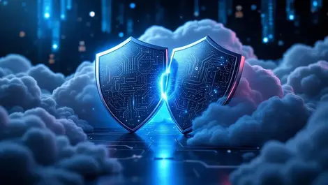 Cinematic interlocking metal shields hybrid cloud identity security