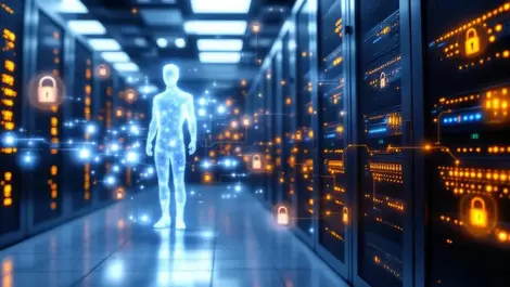 Ai silhouette in enterprise server room cybersecurity visual