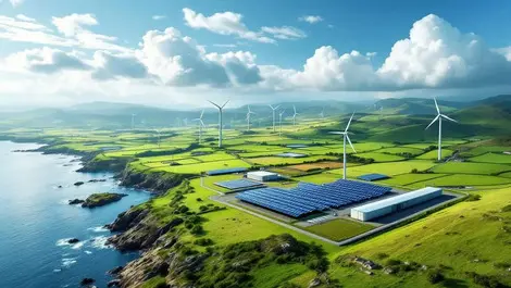 Irish countryside coast wind turbines solar farms battery storage