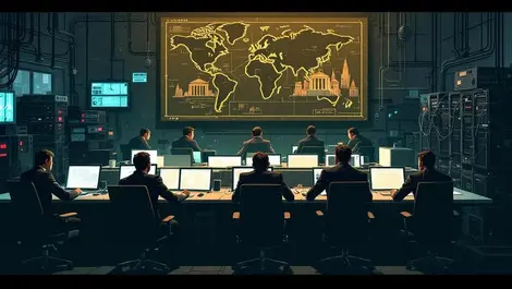 Editorial illustration corporate criminal network ops map servers